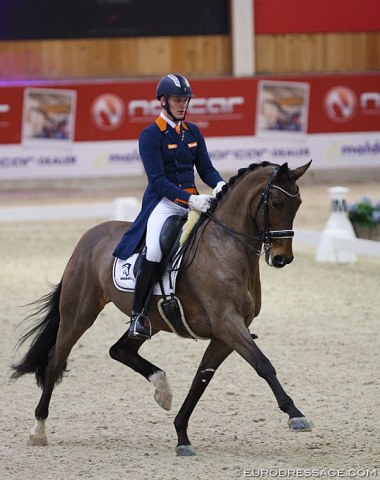 Diederik van Silfhout on another Grand Prix horse, 13-year old Chardonnay (by Westpoint). The mare has a funny, over-articulation in the hind legs in extended trot. Although consistently too tight in the neck, the mare showed nice piaffes on the spot. 