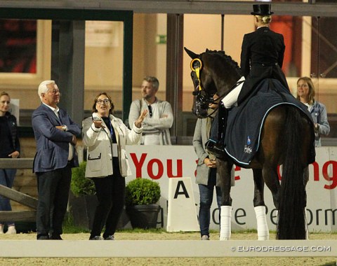 Show host Ullrich Kasselmann with the judge at C, Evi Eisenhardt, at the almost-midnight prize giving ceremony for the Grand Prix