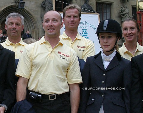 The Belgian team at the 2005 European Dressage Championships:  Jeroen Devroe, Philippe Jorissen, Mieke Lunskens (left Ton de Ridder)