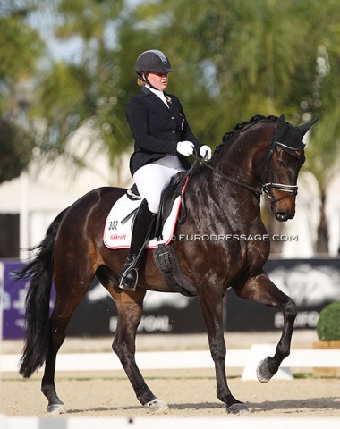 Austrian Chiara Pengg on the 13-year old Hanoverian Feliciano (by Fidertanz x De Niro). The combination produced two very respectable rides in Oliva Nova