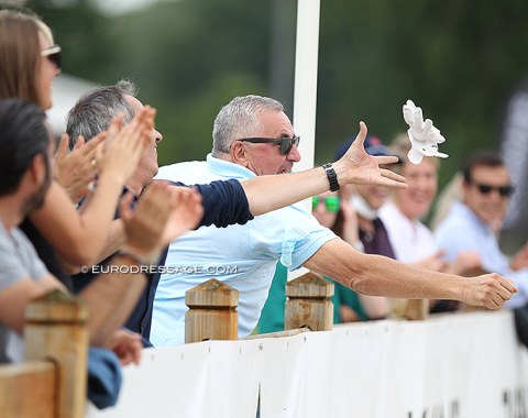 Divina Royal's owner Jose Ignacio Diaz Bravo ecstatic with the Grand Prix Special performance, even gloves were flying through the air