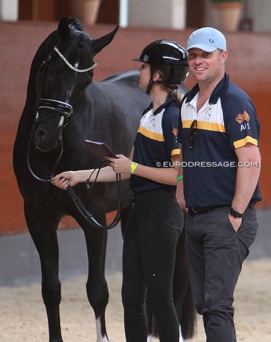 Australian Simone Pearce with Dancier Gold, flanked by EA High Performance Dressage Manager Brett Davey