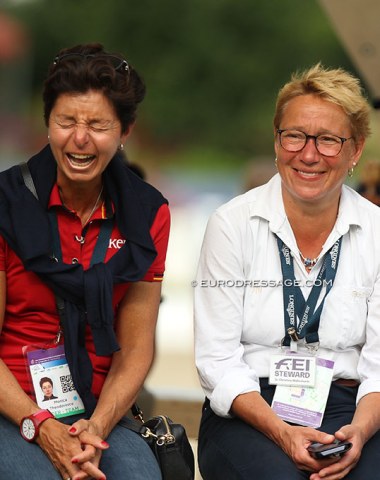 German team trainer Monica Theodorescu sharing a laugh with FEI steward Christina Wallenhorst