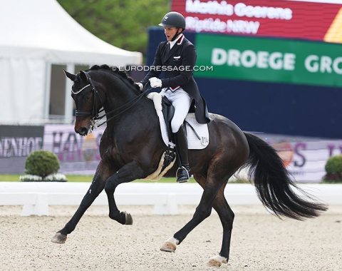 Luxembourg's Mathis Goerens on the 10-year old Westfalian stallion Riptide NRW (by Rock Forever x Show Star). The horse was consistently flexed to the right and not equally elastic on both reins, but showed a lot of talent