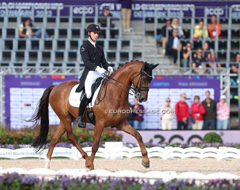 Daniel Bachmann Andersen finished 8th on Nicola Ahorner's Marshall Bell. The Danish gelding is very eager to work and has a hyperactive hindleg, often reaching too much under with the left. The canter strike off went awry, but the pair showed huge two tempi changes