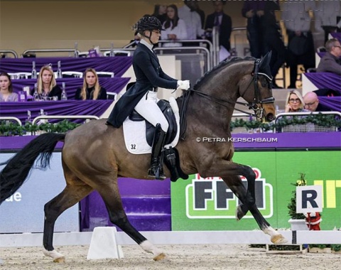 Juliane Brunkhorst on Elke Schmitz-Heinen's Elitist (by Escolar x De Niro). Well presented, but the horse had a hiccup in the right pirouette. They scored 72.121% for sixth place