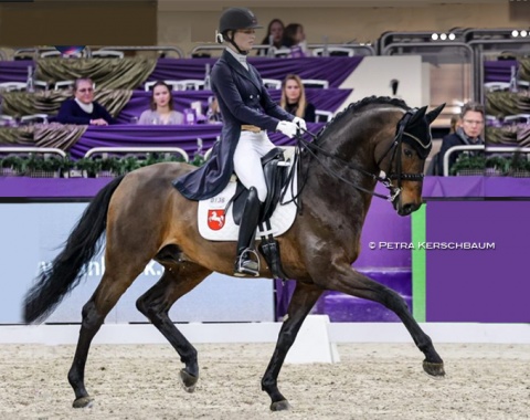Janina Tietze and Celle's state stud stallion Da Costa (by Dimaggio x Coriander). Trained by Ute von Platen, this pair showed incredible promise but a big bobble before the canter strike-off  pushed the score down to 70.609%. One to watch for the future!