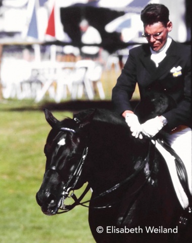 Herkules, the blue-black Swedish breeding stallion with the huge neck, was the last of legendary Gaspari’s offspring in international dressage sport. Lars Andersen, now judging internationally, rode him on the Swedish team.