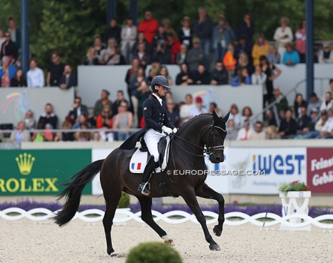 Corentin Pottier and Hervé Pottier's Gotilas performed to non descript music that this reporter did not recognize. A poo break in the half pass and some issues in the piaffe and one tempi changes made the score drop considerably. Pity