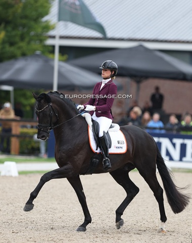 Dinja van Liere on Mauro (by Zonik x Negro) rode a clean test, but he skated through the corner and was better on the right lead in trot than left. They finished fourth