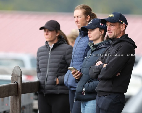 New Zealand's Holly Moorman (second left) and Australian Warwick McLean (right) watching fellow country mate William Matthew compete