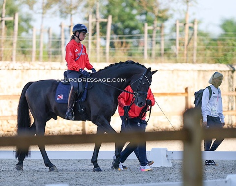 Charlotte Fry literally trotting in Glamourdale under saddle at the horse inspection. She got off, untacked, and her assistant ran the stallion