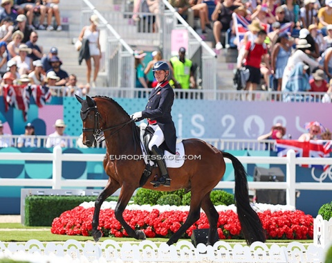 Carl Hester on Fame, British flags hung by the fans for his ride