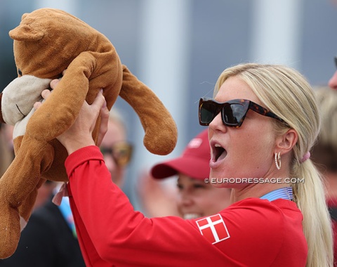 Dufour's wife, show jumper Rasmine Laudrup, with lucky teddy bear Gerd who has been coming along to shows since Cathrine's pony time