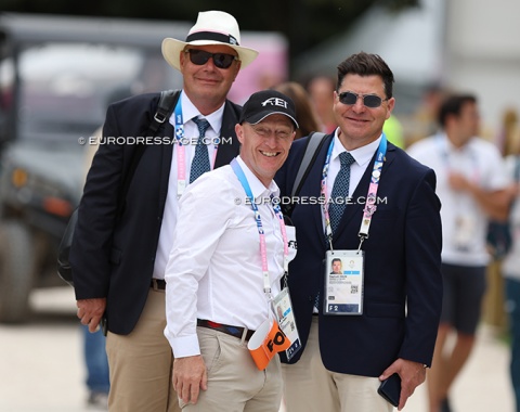 FEI Dressage director Ronan Murphy (center) with dressage judges Henning Lehrmann and Raphael Saleh