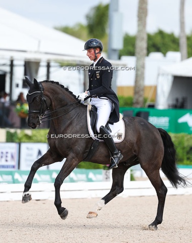 German Lars Ligus making his CDI big tour debut on Santiago, a horse formerly ridden by the late Elliott Patterson. 