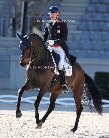 British team rider Gareth Hughes on a new Grand Prix horse, Morgan Barbançon's KWPN bred Jens (by Charmeur x Sandro Hit)
