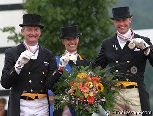 The 2005 European Championship individual podium: Hubertus Schmidt (silver), Anky van Grunsven (gold), Jan Brink (bronze) :: Photo © Astrid Appels