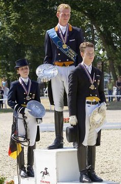 The individual podium at the 2006 European Junior Riders Championships: Van der Linde (silver), Van Silfhout (gold), Berg (bronze) :: Photo © Michael Rzepa
