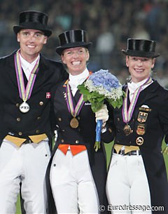 The 2006 World Equestrian Games Kur to Music podium: Helgstrand (silver), Van Grunsven (gold), Werth (bronze) :: Photo © Astrid Appels