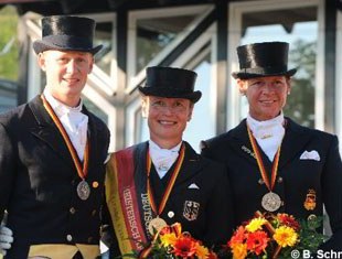 The 2009 Grand Prix Special Medallists: Matthias Alexander Rath (silver), Isabell Werth (gold), Ulla Salzgeber (bronze)