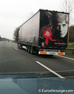 Paul Schockemöhle's face on the back of one of his lorries :: Photo © Astrid Appels