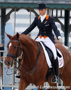 The tragic end of Adelinde Cornelissen's 2010 World Equestrian Games' experience. Parzival bit his tongue and got eliminated :: Photo © Astrid Appels