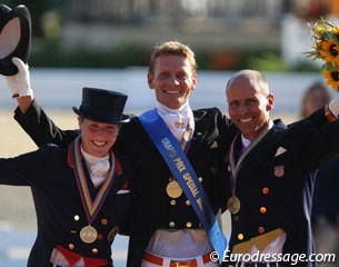 The Grand Prix Special Podium: Laura Bechtolsheimer (silver), Edward Gal (gold), Steffen Peters (bronze) :: Photo © Astrid Appels