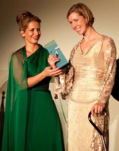 FEI President Princess Haya Bint al Hussein gives American Olympian Courtney King-Dye the 2012 FEI Against All Odds award at the FEI Awards in Istanbul