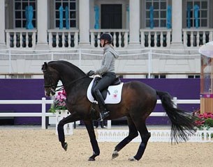 Nathalie zu Sayn-Wittgenstein and Digby practising the Grand Prix in the main stadium at the 2012 Olympic Games