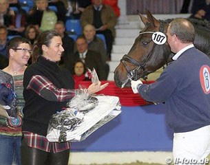 Breeder Lena Nystrom, owner Jamie White Welling and stallion Tomahawk at the 2013 Oldenburg Haupt Premium :: Photo © LL-foto