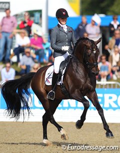 Thamar Zweistra and Hexagon's Charon. The small Dutch bred stallion is a very talented mover with a phenomenal canter, but he tends to move in two pieces with a hollow back. 