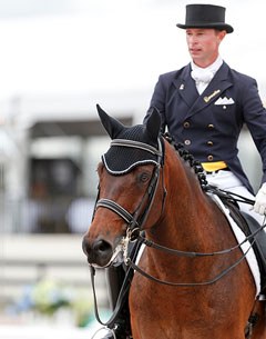 Australian Nicholas Fyffe on Judy Kingsford's KWPN gelding Tolstoy (by Gribaldi) which Judy discovered and bought after seeing him advertised on Eurodressage :: Photo © Sue Stickle