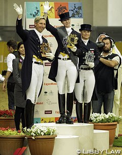 The kur to music top three at the 2014 CDI Doha: Patrik Kittel, Nathalie zu Sayn-Wittgenstein, and Lone Bang Larsen :: Photo © Libby Law