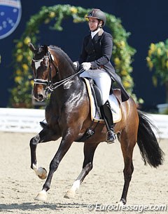 Mirelle van Kemenade-Witlox on Vivaldo (by Polansky x Montecristo). They made their international Grand Prix debut. The pair represented Holland at the 2007 and 2008 World Young Horse Championships