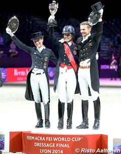 The 2014 World Cup Podium: Helen Langehanenberg, Charlotte Dujardin, Edward Gal :: Photo © Risto Aaltonen
