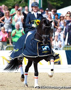 Gerdine Maree and Dream Boy win the 6-year old preliminary test at the 2014 World Young Horse Championships :: Photo © Astrid Appels