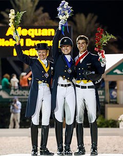 The individual podium at the 2014 CDIO Nations' Cup: Tina Konyot, Adrienne Lyle, Juan Matute Guimon :: Photo © Sue Stickle