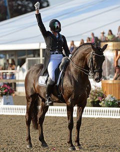 Silvia Rizzo cheers at the end of her freestyle on Sal at the 2014 invitation only Windsor Horse Show :: Photo © Matt & Sarah Baldock