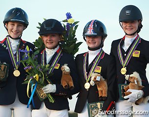The British team wins gold at the 2015 European Pony Championships: Rebecca Bell, Isobel Berrington, Phoebe Peters, Clare Hole :: Photo © Astrid Appels