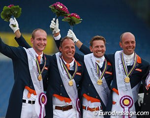 Gold for the impressive Dutch team at the 2015 European Championships: Diederik van Silfhout, Patrick van der Meer, Edward Gal and Hans Peter Minderhoud stand proudly on the podium :: Photo © Astrid Appels