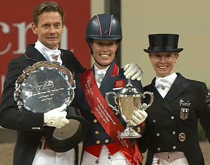 The 2015 World Cup Finals' podium: Edward Gal, Charlotte Dujardin, Jessica von Bredow-Werndl