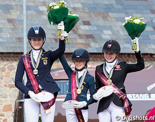The kur podium at the 2016 European Pony Championships : Tabea Schroer, Lucie-Anouk Baumgürtel, Louise Christensen :: Photo © Digishots