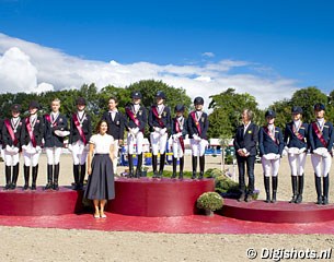 The team podium at the 2016 European Pony Championships with silver for Denmark, gold for Germany and bronze for The Netherlands :: Photo © Digishots