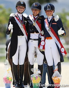 The kur to music podium at the 2016 European Junior Riders Championships: Semmieke Rothenberger, Hannah Erbe, Febe van Zwambagt :: Photo © Astrid Appels