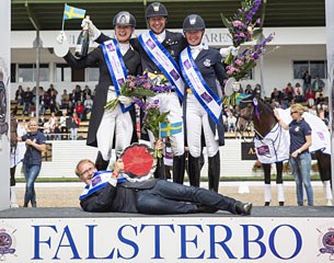 Team Sweden celebrating after clinching victory in the fifth leg of the FEI Nations Cup Dressage 2016 in Falsterbo (SWE): Jennie Larsson, Patrik Kittel and Rose Mathisen, with Chef d'Equipe Bo Jenå in relaxed mood :: Photo © Lotta Pictures