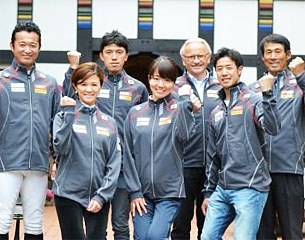 The Japanese Dressage Team for the 2016 Olympic Games: Kiichi Harada, Yuko Kitai, Shingo Hayashi, Akane Kuroki, team manager Jurgen Koschel, Masanao Takahashi and chef d'equipe Terui Shinichi