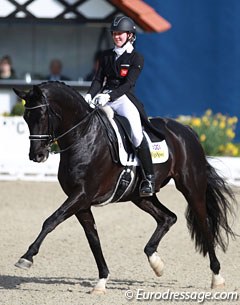 British Hayley Watson-Greaves on Rubins Nite (by Rubin Royal). The black gelding is a powerful mover but some regularity was lacking in the extended trot and passage. Still there was much solid work to score 70.260%