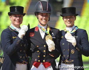 The individual medal podium at the 2016 Olympic Games: Isabell Werth (silver), Charlotte Dujardin (gold), Kristina Bröring-Sprehe (bronze) :: Photo © Astrid Appels