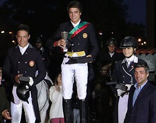 The junior podium with Yoann Pinto, Martim Meneres, and Catarina Lucas Lopes at the 2016 Portuguese Dressage Championships